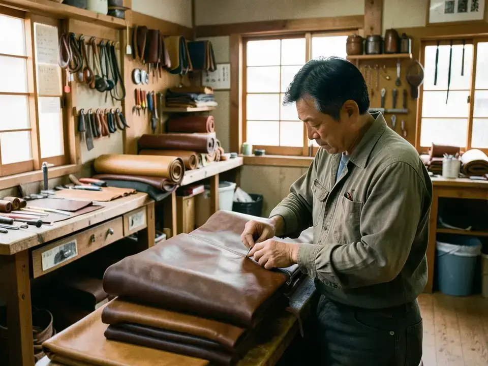 工房でのレザー縫製